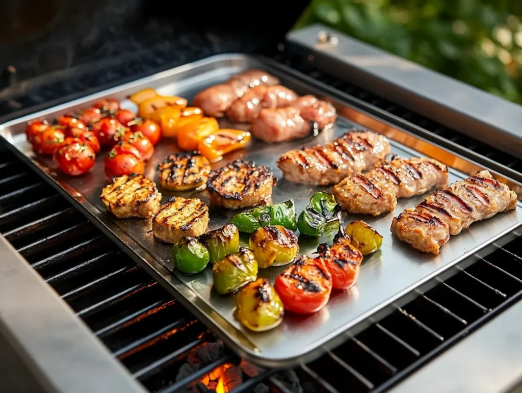 Stainless Steel Grill Plate With Food On It On The BBQ Stove Grill
